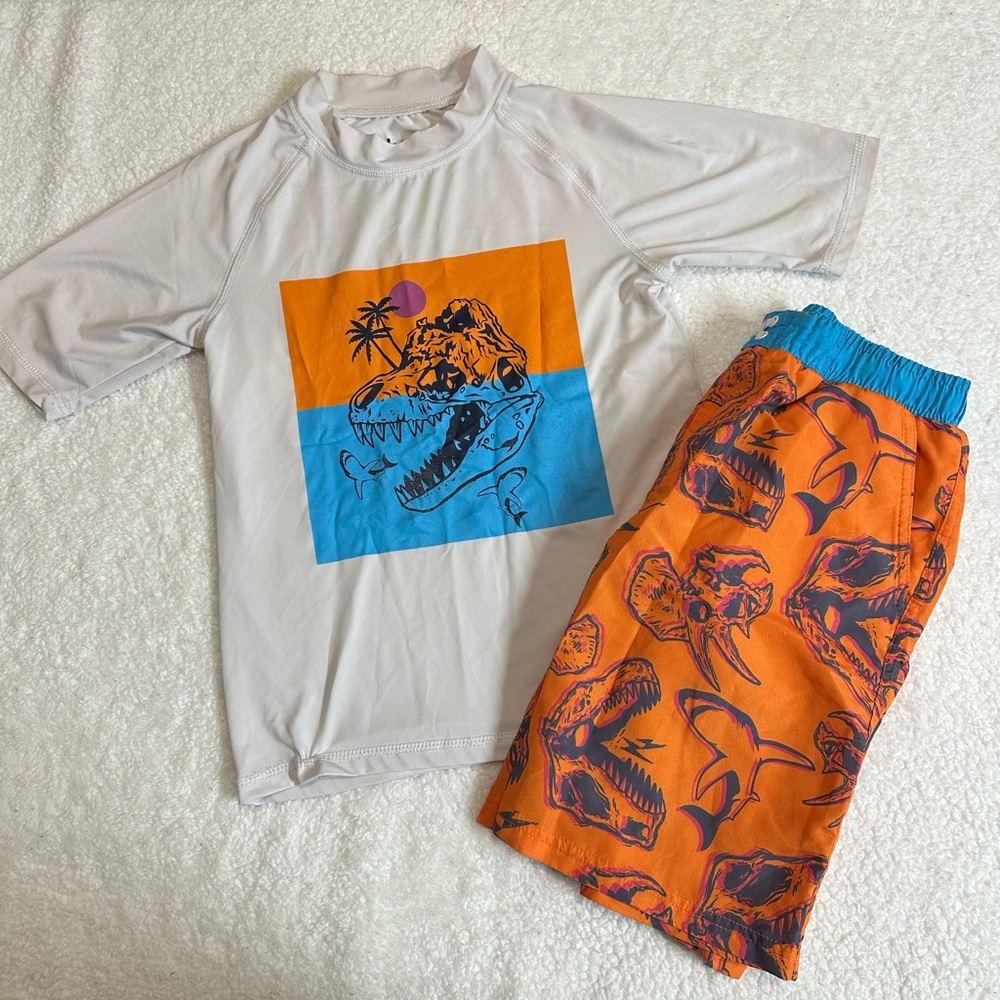 Dinosaur Graphic Swim Set in Orange and Blue